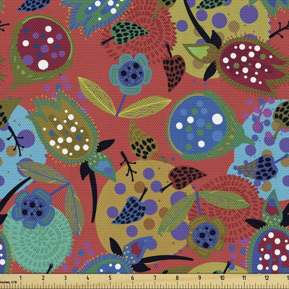 Nature Art Fabric by the Yard Upholstery, Garden Blooms Tulip Bouquets Aster Daisy Petals Along Ornamental Dots Hand Drawn, Decorative Fabric for DIY and Home Accents, Multicolor by Ambesonne