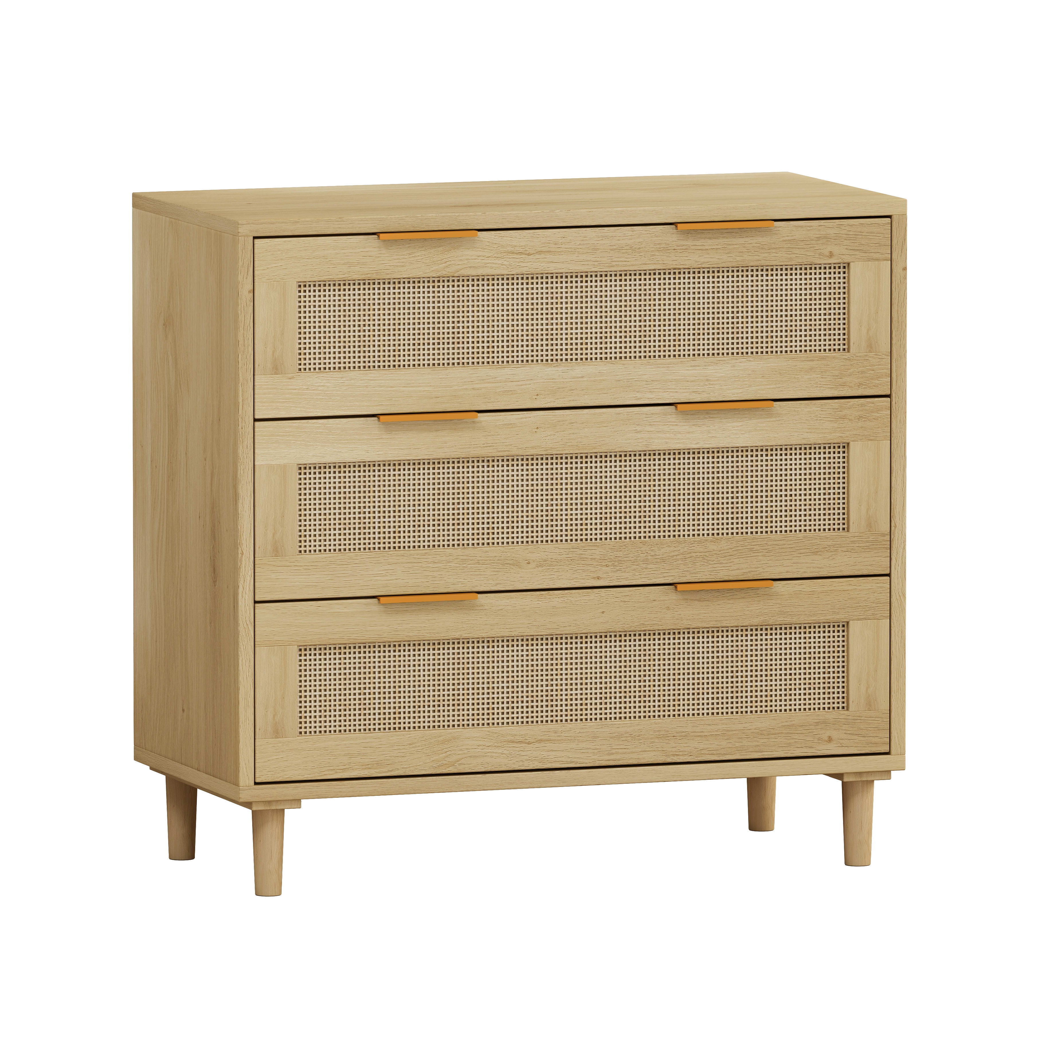 Aukfa 3 Drawer Dresser Nightstand with Rattan Storage Drawer for Bedroom Living Room, Oak