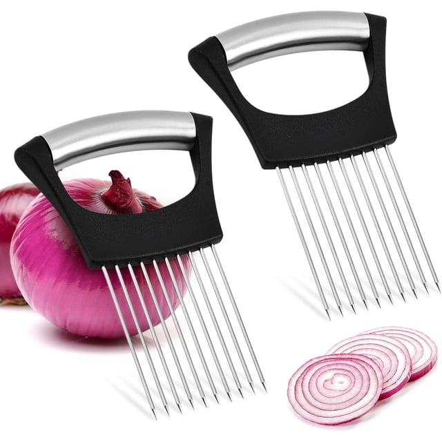 Soporte de cebolla para rebanar, soporte de rebanada de cebolla de acero inoxidable, cortr de tomate, cortr de frutas vegetales para patatas, tomates, carne (2)