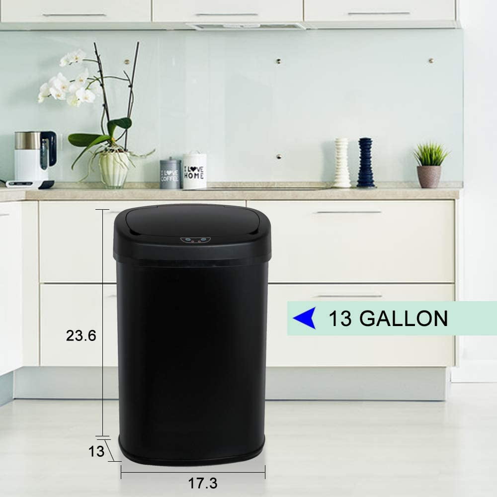 Touch Free 13 Gallon Stainless Steel Automatic Sensor Trash Can No Touch Garbage Can Kitchen Waste Bin High-Capacity Bathroom Trash Can with Lid for Home Bedroom Office,Powered by Battery,Black