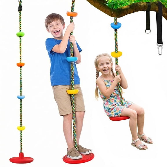 Qunler Tree Swing for Kids, 3-in-1 Climbing Rope with Disc Seat and 4 Platforms, Swing Set Accessories for Indoor & Outdoor Treehouse, Red