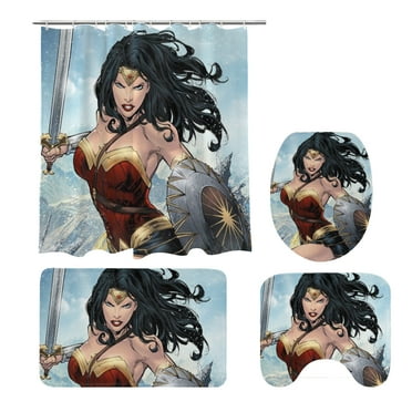 Wonder Woman 4-Piece Shower Curtain Set with 12 Hooks with Non-Slip Rug Toilet Seat And Bath Mat for Bathroom Decor Set One Size