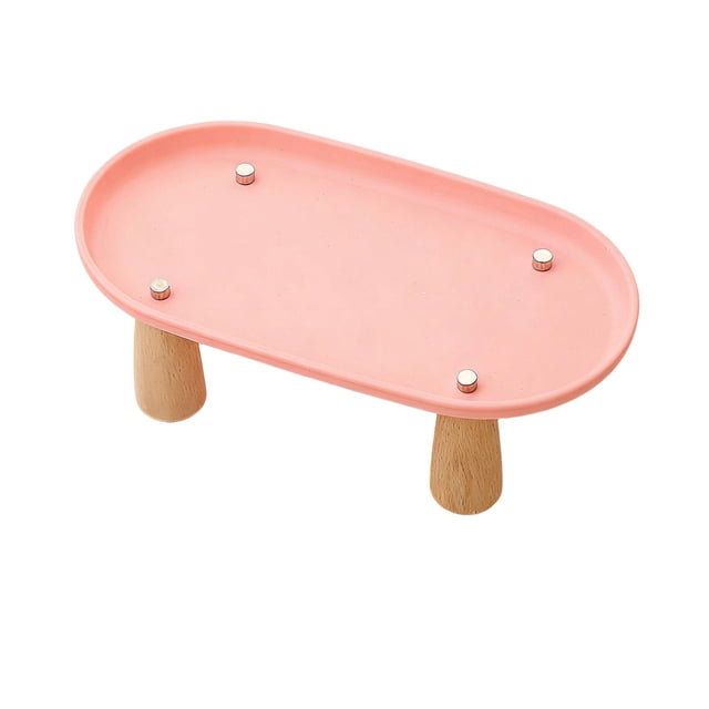 Soporte elevado para comedero de gatos, de plástico antiderrame y con base de madera. Rosa 24cmx13cm