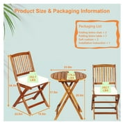 Bistro Table and Chairs Set of 2, Wood Folding Bistro Set for 2 with Detachable Soft Cushions, 3PC Outdoor Wood Bistro Set for Patio, Balcony, Garden & Yard (Natural Color)