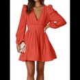 thumbnail image 3 of Vestido Mini de Larga con Escote en V Profundo para Mujer, Corte A, Cintura Alta, Informal, Fluido, Ideal para Invitadas de Boda. Naranja y Rojo L, 3 of 10