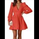 thumbnail image 3 of Vestido Mini de Larga con Escote en V Profundo para Mujer, Corte A, Cintura Alta, Informal, Fluido, Ideal para Invitadas de Boda. Naranja y Rojo L, 3 of 10