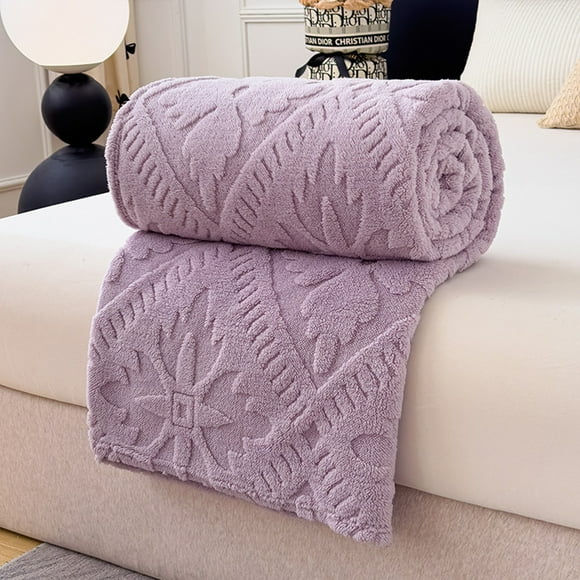 Couverture en Molleton Douce et Chaude pour l'Hiver, Jeté Douillet pour Sieste et Climatisation avec Détail Rayé, Couvre-Lit Portable Couverture de Sofa en Plusieurs Couleurs, Violet