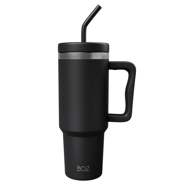 BOZ 40 oz Tumbler with Handle and Straw Lid - Cupholder-Friendly, Insulated Stainless Steel Water Bottle, Reusable Travel Mug, Ideal for Hot & Cold Beverages (Black)