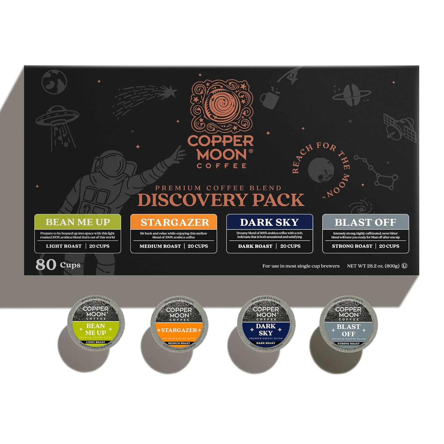 Copper Moon Discovery Variety Pack, Single Serve Coffee Pods for K-Cup Brewers, (20 ea: Bean Me Up, Dark Sky, Blast Off, Stargazer) 80 ct
