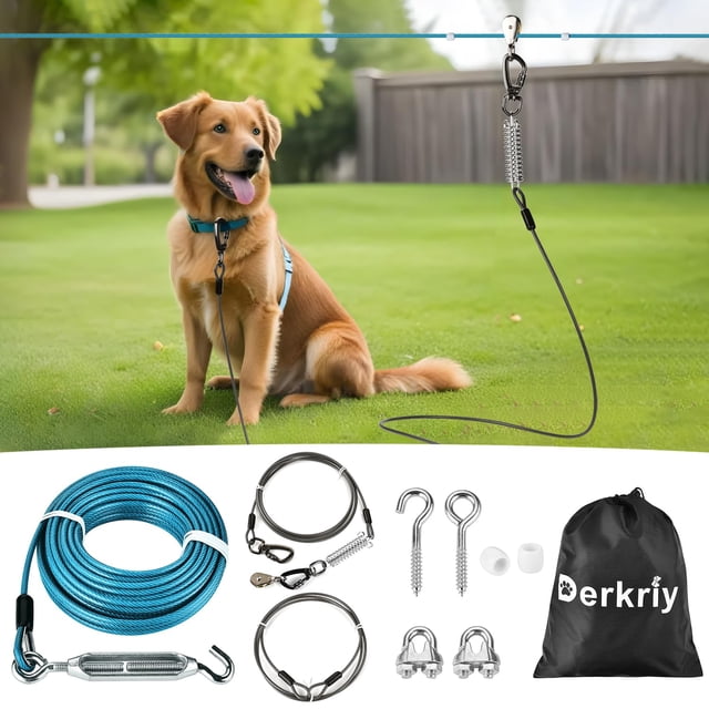 Corredor para perros para patio, resistente, de 50 pies, para exteriores, con sistema de carrito con cable de amarre de 10 pies, tirolesa para perros grandes de hasta 250 libras, cable a prueba de mas