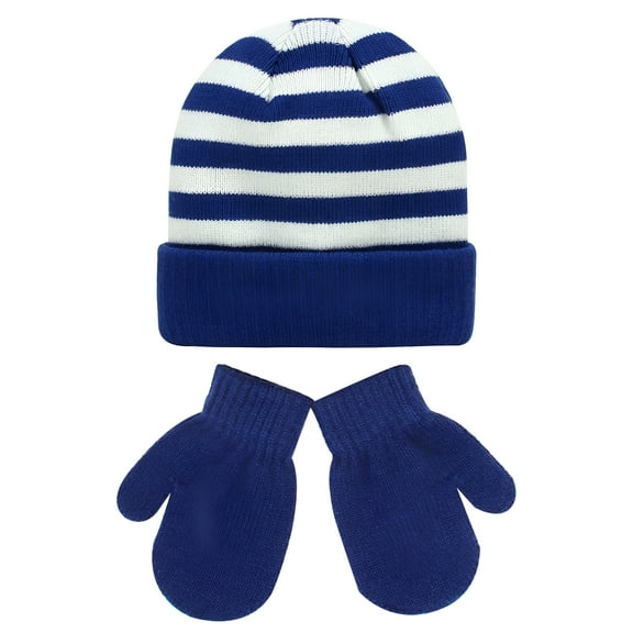 TELOLY Toddler Boys Girls Glove Hat Set Winter Windproof Warm Stripe Riding Knitted Hat Glove Hat Two-Piece Sets For 4-8 Years Kids