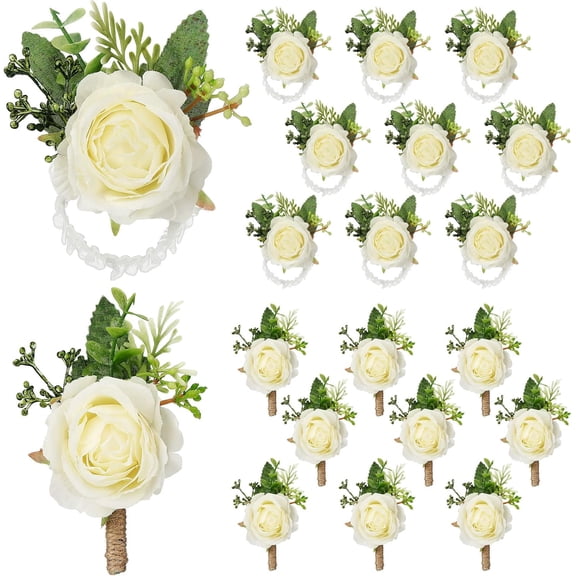 10Pcs Rose Wrist Corsage and Boutonniere Set Flower Wrist Corsage Wristlet Band Bracelet Bridegroom Men's Boutonniere Wedding Wristlet Hand Flower for Prom Party Bouquets (White)