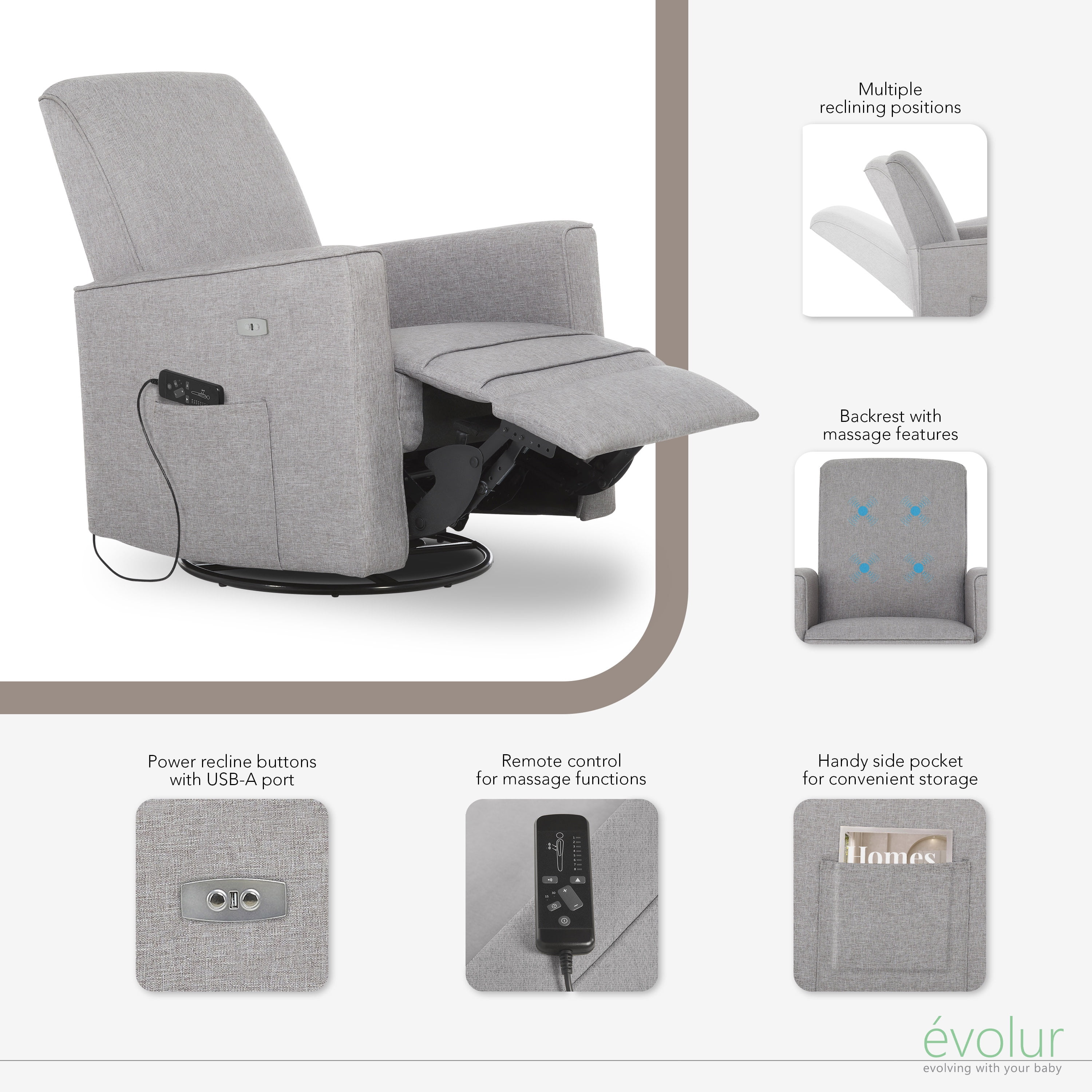 Evolur Harlow Deluxe Upholstered Plush Seating Glider Swivel, Rocker, Power Recliner USB Port with in-Built Massager, Greenguard Gold Certified, Glider Chair for Nursery in Light Grey