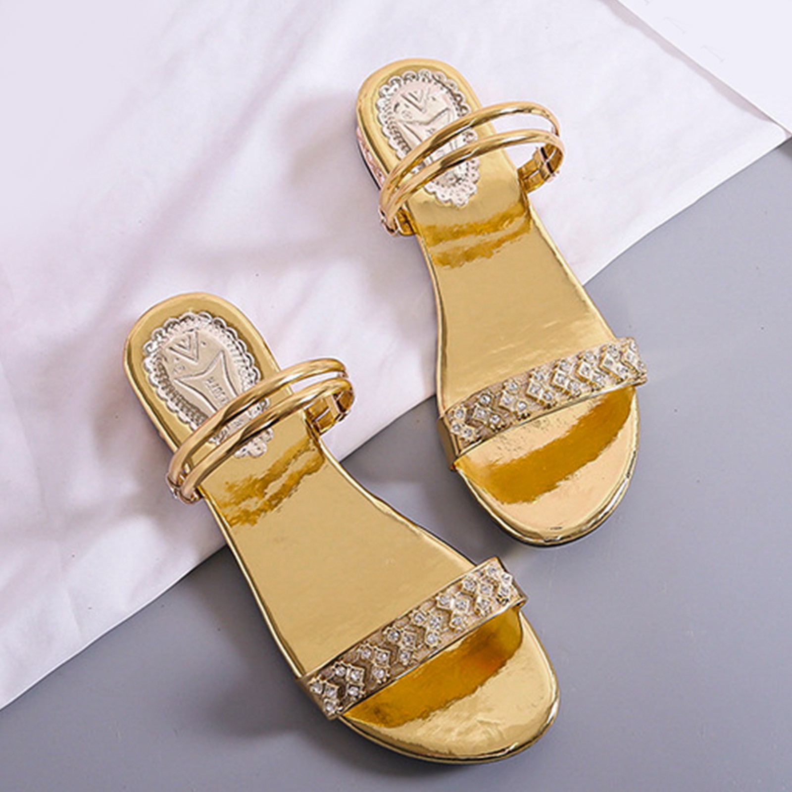 HSMQHJWE Flat Rhinestone Sandals For Women Dressy Summer Flat Slide ...