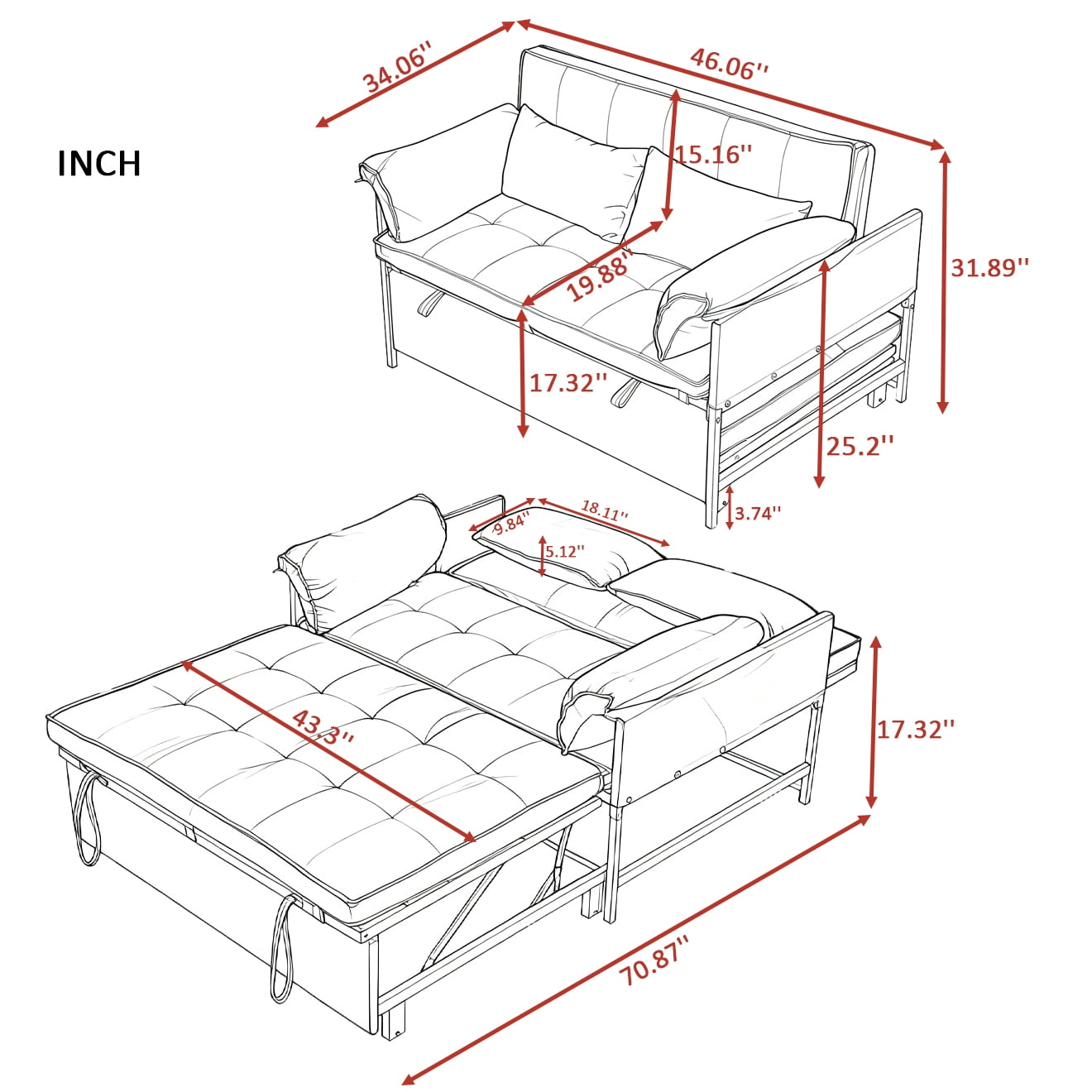 Gewnee 46"Convertible Sleeper Sofa – Pull-out Bed with 5 Reclining Positions,Movable Arm Cushion,Ideal for Apartment,Office,Guest Room.Black