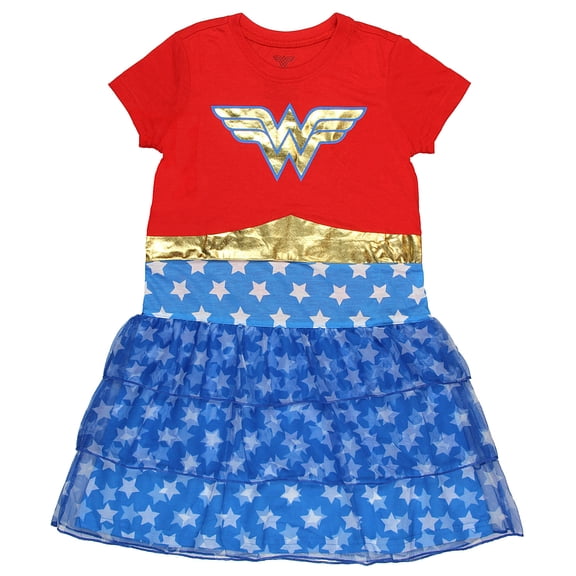 DC Comics Girls' Wonder Woman 3-Tiered Tulle Skirt Short-Sleeve Nightgown Pajama Sleepwear Loungewear
