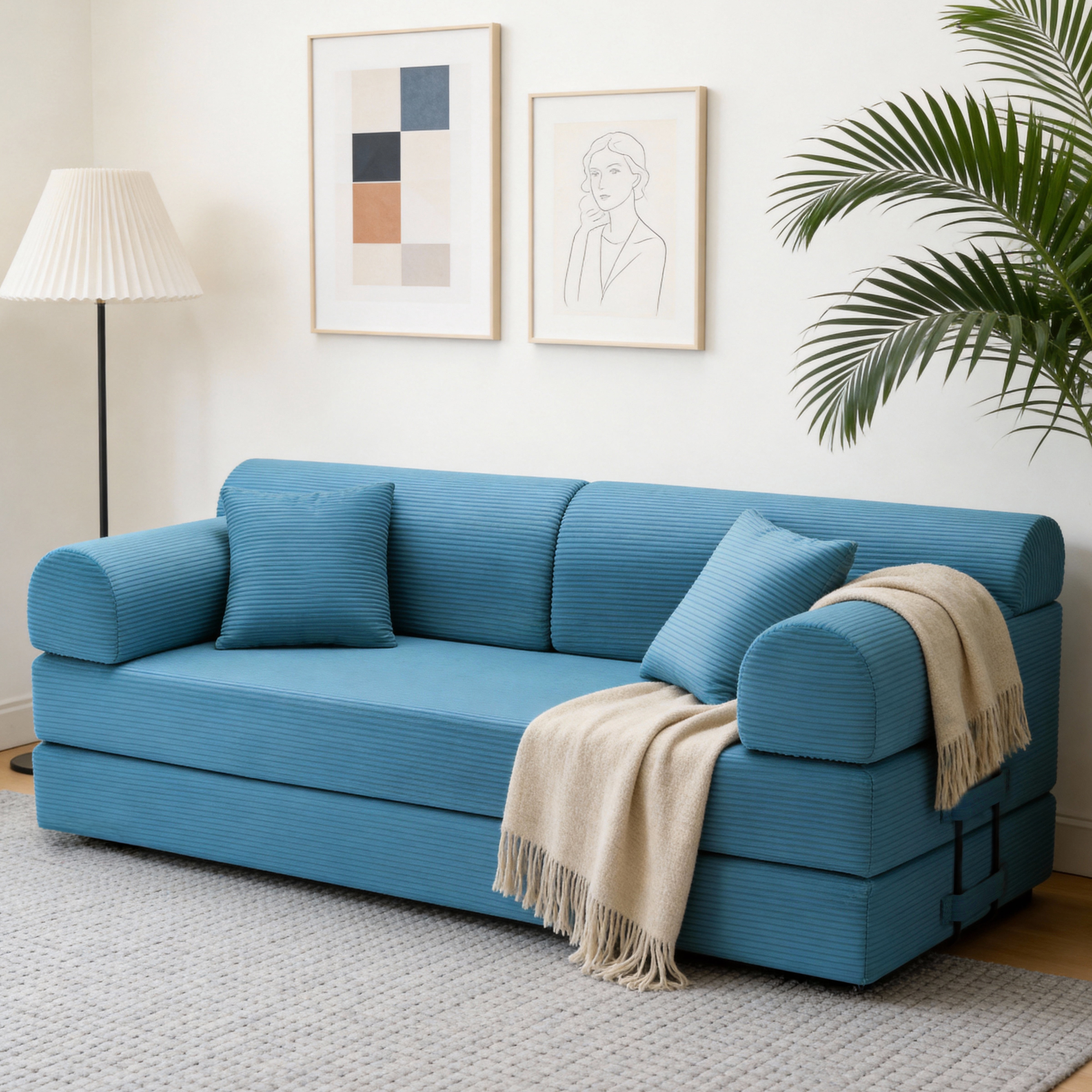 Leumius 79" Convertible Futon Sofa Bed, Boneless Couch for Living Room, Corduroy Folding Mattress Couch with Fixed-Shape Frame, Floor Sofa Lounge Couch with 2 Pillows, No Assembly,Light Blue