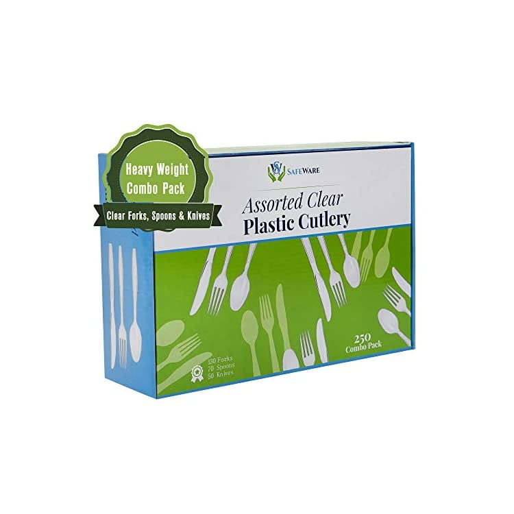 Assorted Clear Plastic Cutlery, Bulk 250ct Combo Pack with 130 Forks
