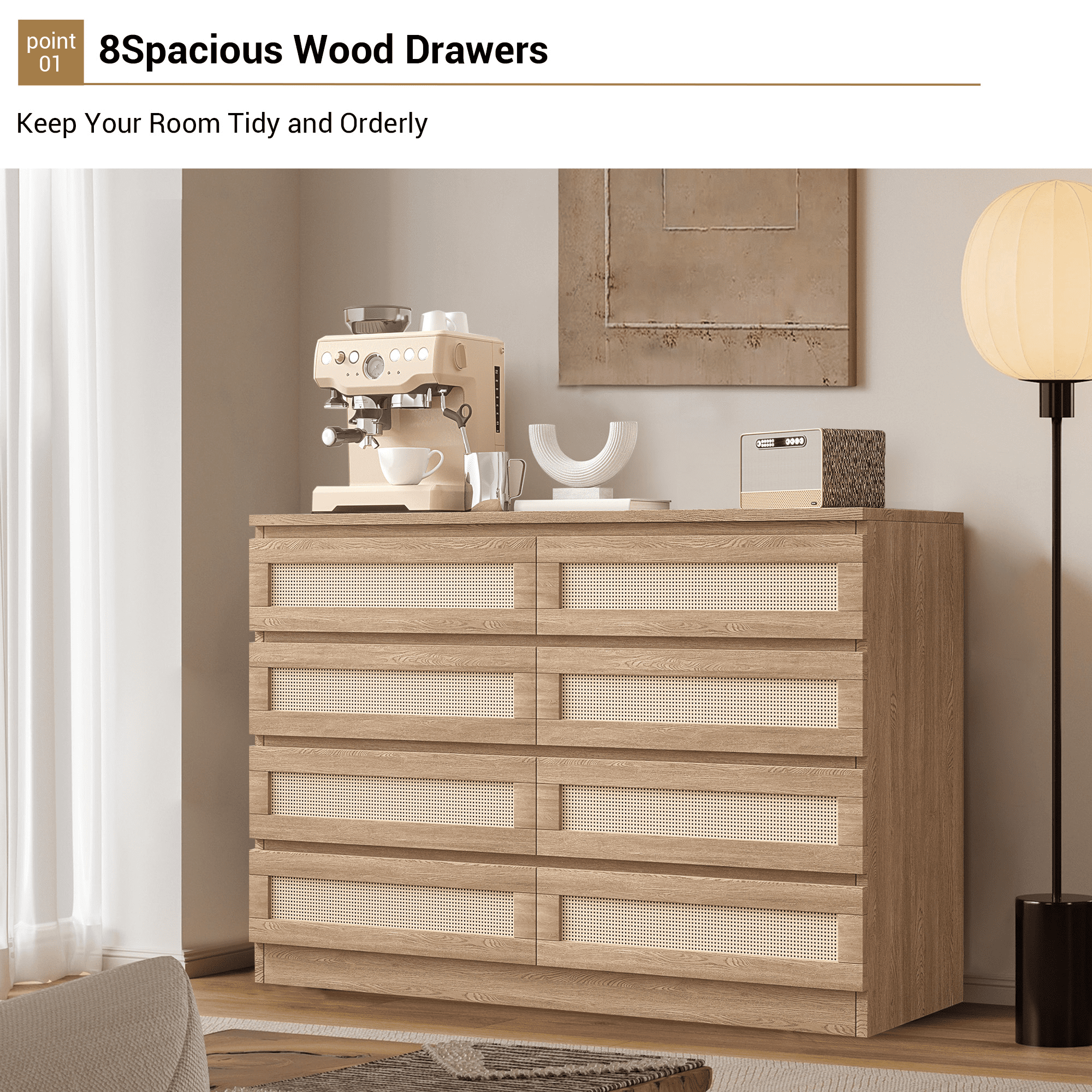 Kicctian 47 Inch Rattan 8-Drawer Dresser, Modern Farmhouse Chest, Multi-Functional TV Stand Dresser for Bedroom,Living Room,Oak color