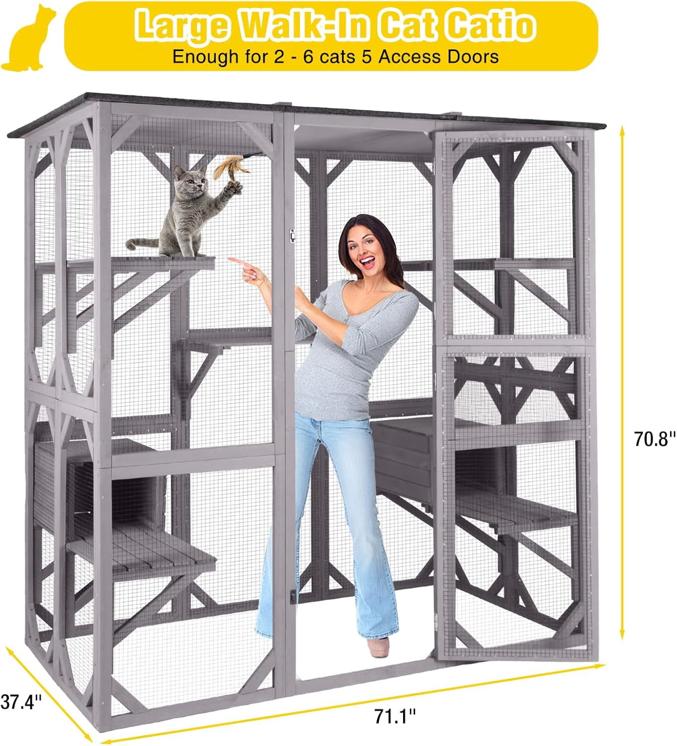 Aivituvin Catio Cat Enclosure Extra Large Window Cat House for Outdoor Cats, Walk-in Kitty Cage with Asphalt Roof, 7 Platforms, 2 Resting Boxes, Indestructible Feral Cat Shelter for Backyard