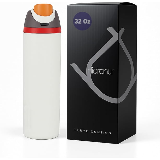 Termo Botella de Agua Hidranur 32 Oz, Tapa Hermética Antifugas, Blanco/Rojo