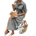 thumbnail image 3 of Women Button Front Pleated Shirt Dresses Summer Casual Short Sleeve Pleated Blouse Mini Dress Gray XL, 3 of 8