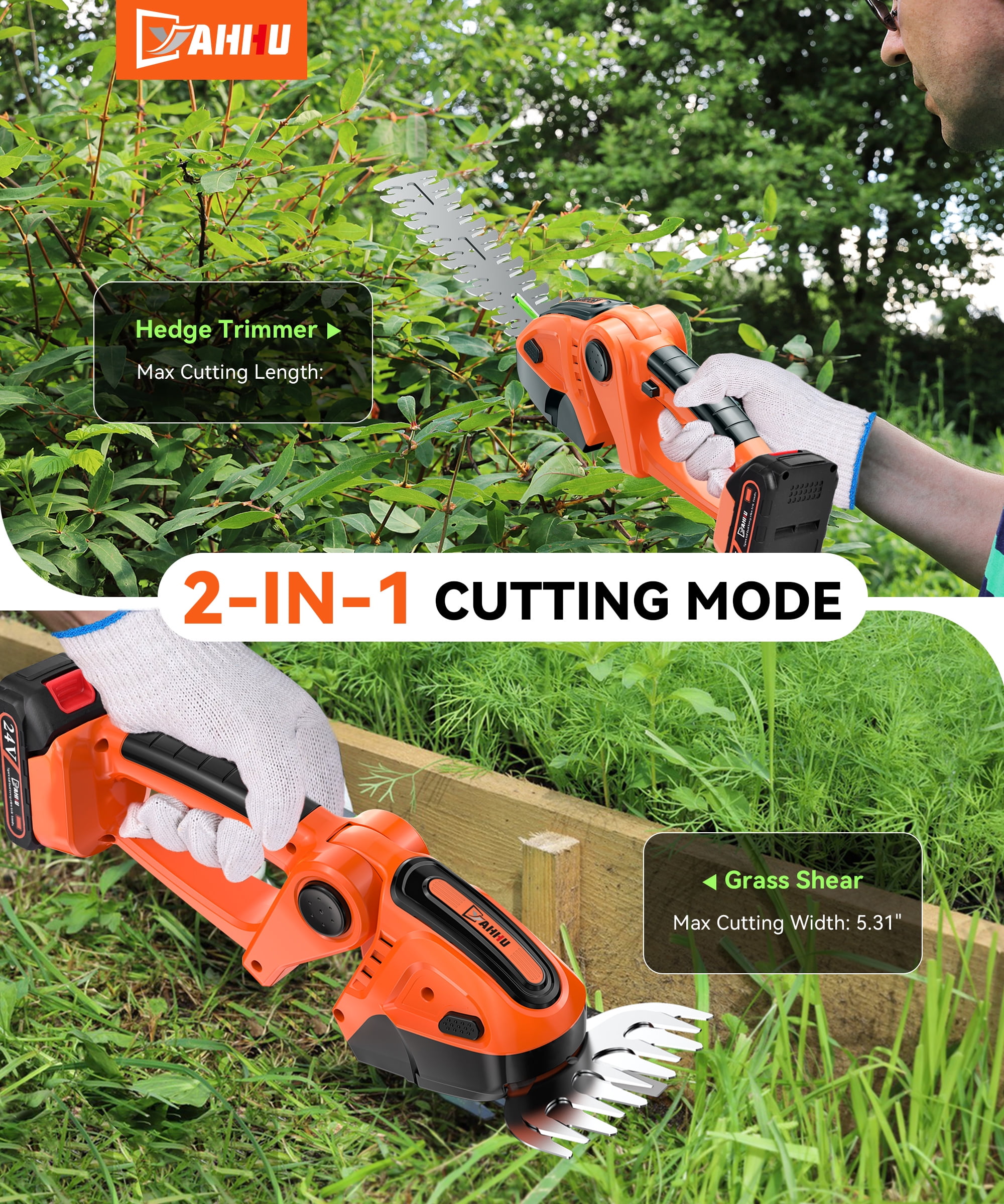 YAHHU Cordless Hedge Trimmer, 3 in 1 Handheld Electric Grass Trimmer , Trimmer for Bush,Tree, Garden, Patio and Lawn