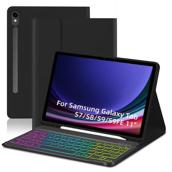 STYU Case with Keyboard for Samsung Galaxy Tab S7 S8 S9 S9FE 11 inch,7 Color Rainbow Backlit Detachable Keyboard Magnetic Case with Pen Slot for Samsung Tablet S7 S8 S9 S9FE-Black