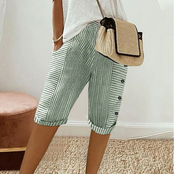 SELONE Green Workout Shorts Women Loose Mid Waist Plus Size Lounge Pants Cotton Bermuda Trousers Casual Trendy Pants Pull on Striped with Buttons Lightweight Comfortable 2XL Breathable Summer Clothes