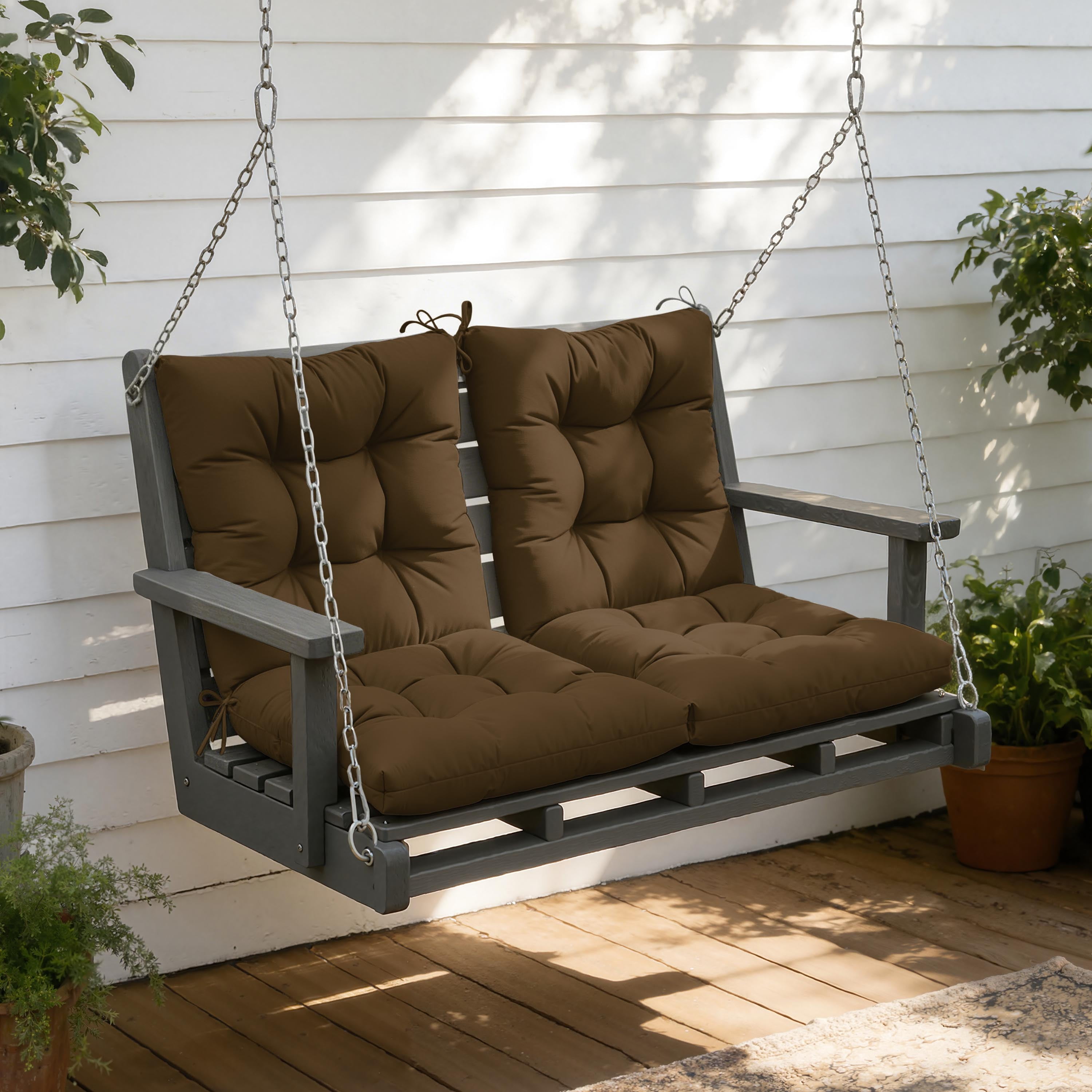 Kimunuk Outdoor Chair Cushions Set of 2, 42 x 21 x 5 in Non Slip Porch Swing Cushion Seat Back Cushions with Ties for Indoor Patio Rocking Chair, Chocolate