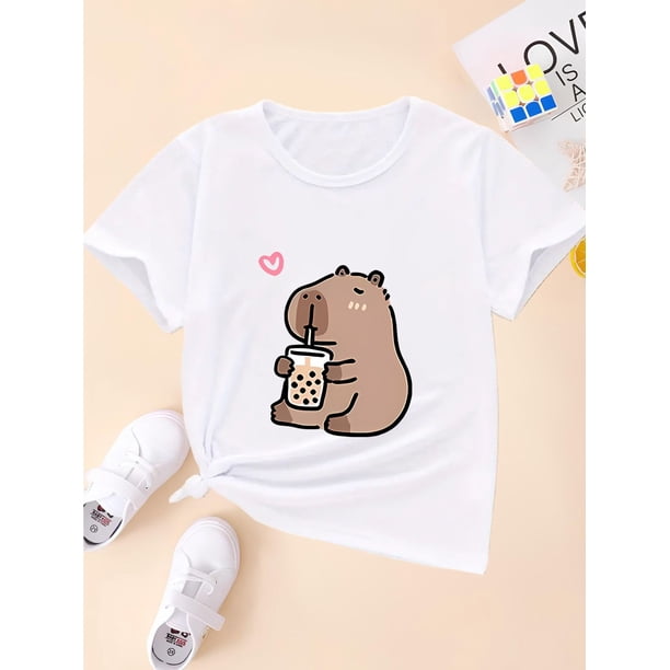 Girls' Breathable & Comfy T-Shirt with Cute Animal Print - Perfect for School or Play, Casual Round Neck Top