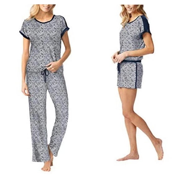 Lucky Brand Ladies 3Pc Tee,Shorts & Pants PJ Set Gray Paisley, Size M