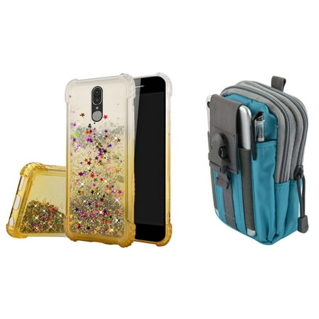 Bemz Glitter Series Compatible with Coolpad Legacy (2019) Case with Slim Flowing Liquid Quicksand Waterfall Two-Tone Cover (Gold/Stars), MOLLE Carrying Pouch (Blue/Gray) and Atom