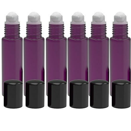 Roll On Bottle - 6 Pack - Roll on Glass Bottle - 10ml 1/3oz Size for Essential Oil - Empty Aromatherapy Perfume Bottles - Refillable Slim with Cap (Purple)