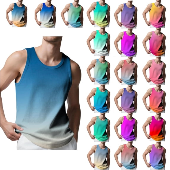 DJDLJWCJ Mens Workout Tank Tops Crewneck Gradient Slim Shirt Multicolor Summer Sports Sleeveless Tops Button Light Blue S