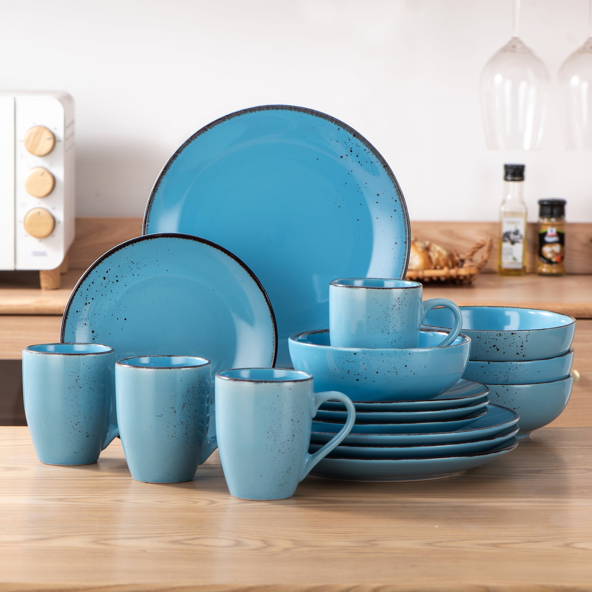 Set Dinnerware 16 Pcs Dishes Plate Mug Cup Modern Classic Vintage Aqua Blue New
