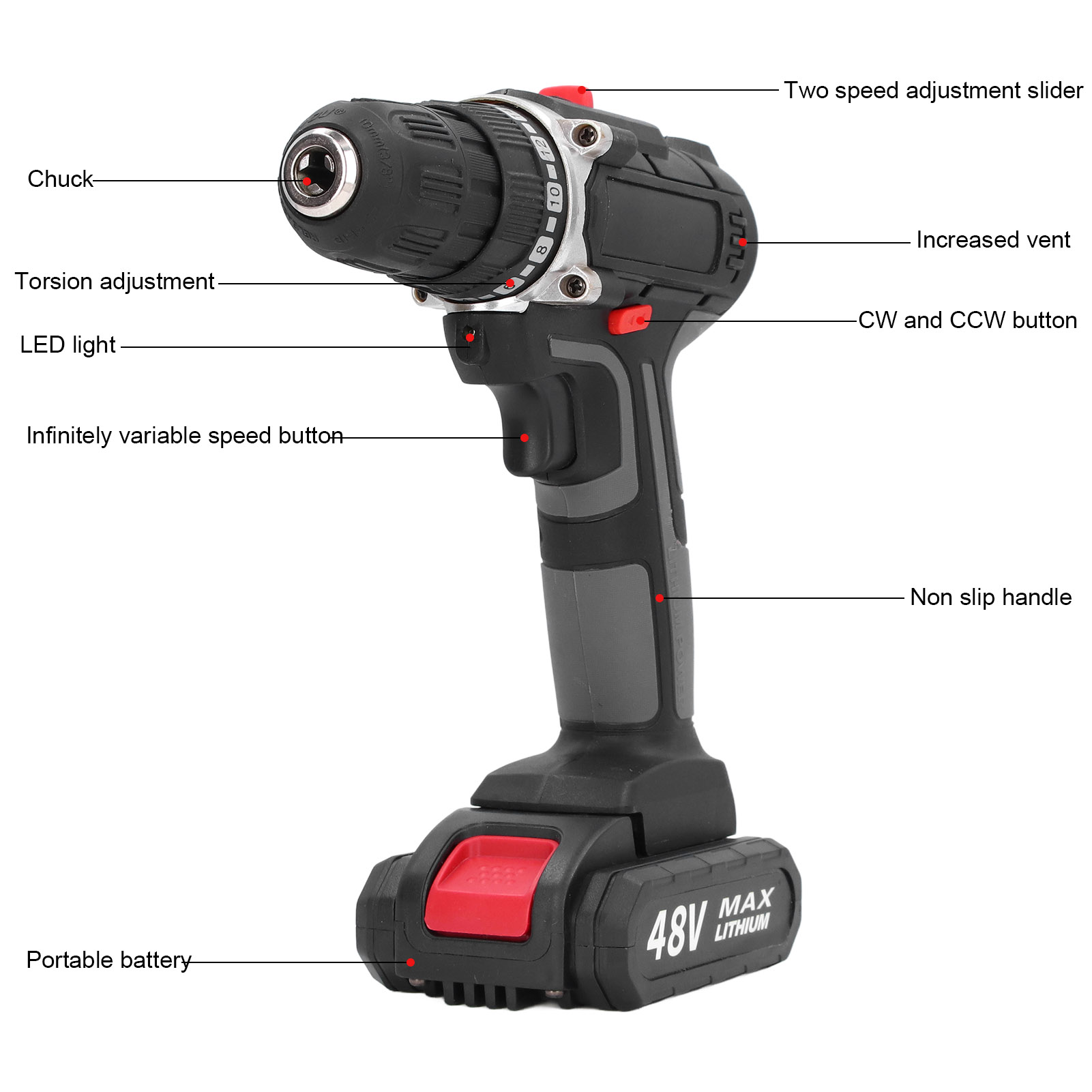 Ldyso 48V Cordless Drill Set with 2 Batteries and LED photo 5