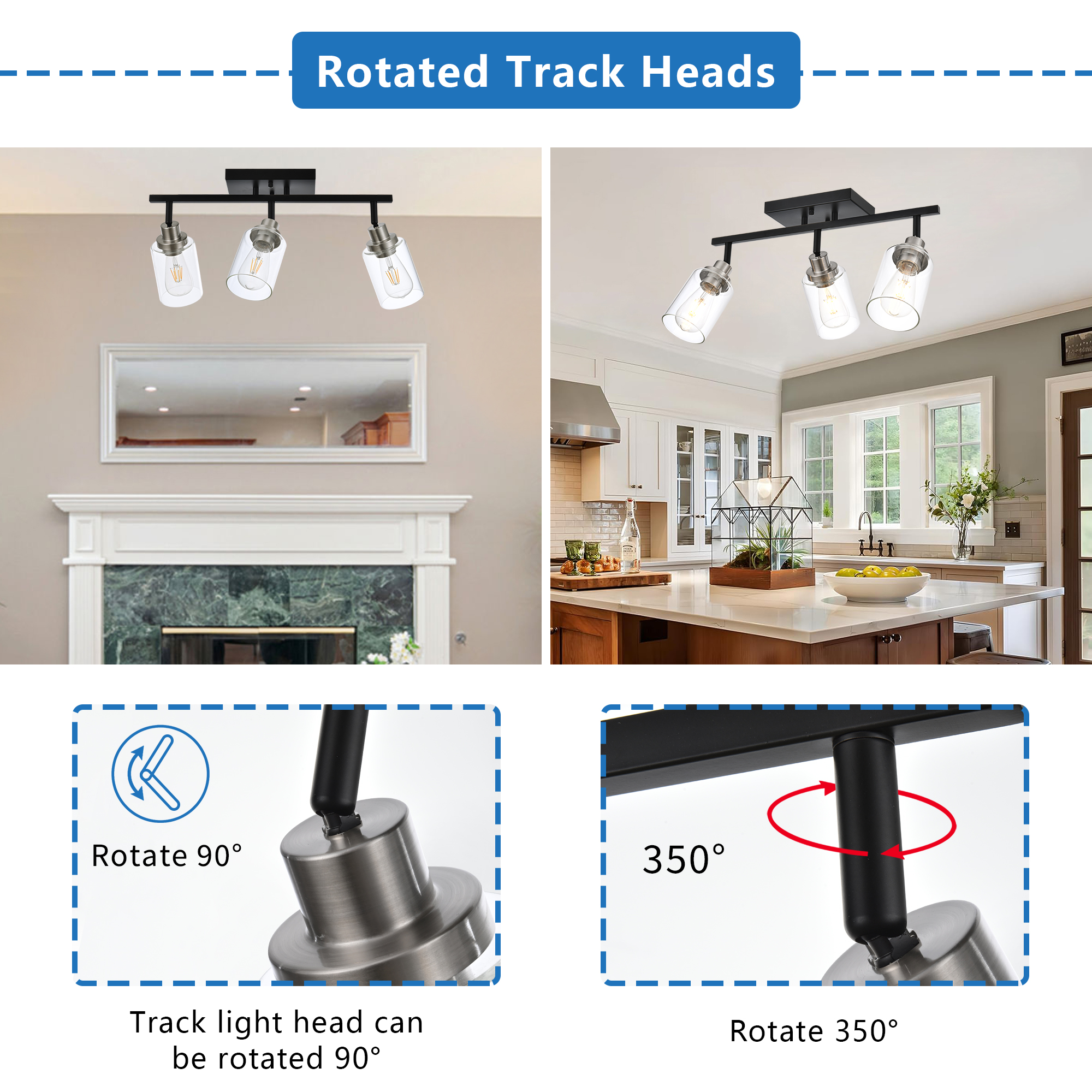 Melucee 3-Light Directional Ceiling Light Track Lighting Kit, Bathroom Vanity Light, Black and Brushed Nickel Kitchen Track Lighting Fixtures