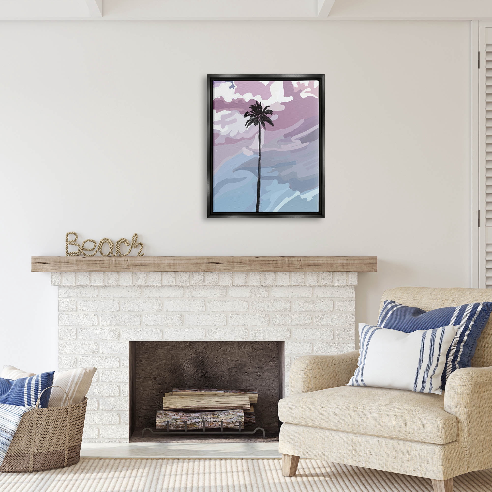 Stupell Industries Purple Sunset Tropical Palm Coastal Painting Black Floater Framed Art Print Wall Art