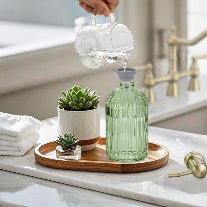 16Oz Green Glass Soap Dispenser with Rust Proof Stainless Steel Pump, Green Stripe Bathroom Hand Dish Lotion Dispensers with Brushed  Pump,Brushed  Glass Soap Dispenser
