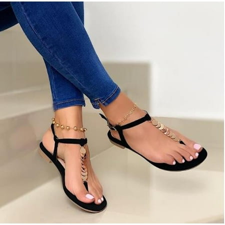 

T-Strap Flat Sandals Rhinestone Dress Sandal with Ankle Strap Open Toe Flat Thong Sandals