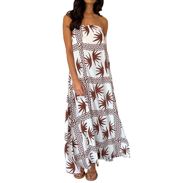 Gupgi Women Strapless Dress Boho Flowy Long Tube Dress Off Shoulder Loose Beach Sundress