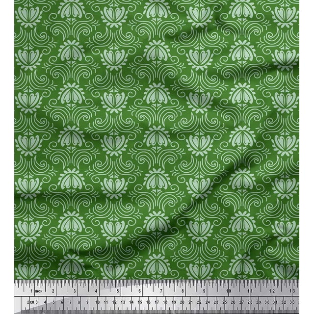 Soimoi Green Poly Georgette Fabric Filigree Damask Print Fabric by Yard 42 Inch Wide