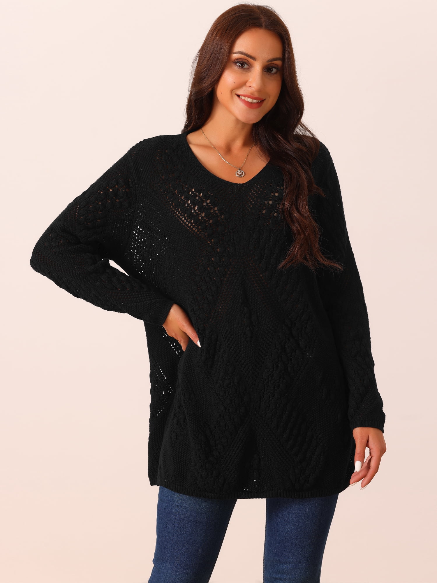 DARING DIVA Hollow Cable Knit Loose Casual Pullover Sweaters L Black