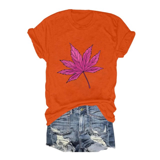 TSADFHJI Hauts Peplum pour Femmes 2024 Nouveau Mode Action de Grâce Imprimé Feuille d'Érable Rouge Col Rond Manches Courtes T-Shirt S Orange