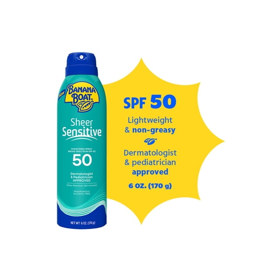 Banana Boat Sheer Sensitive Sunscreen Spray SPF 50, Sunblock for Kids & Adults, 6 Oz