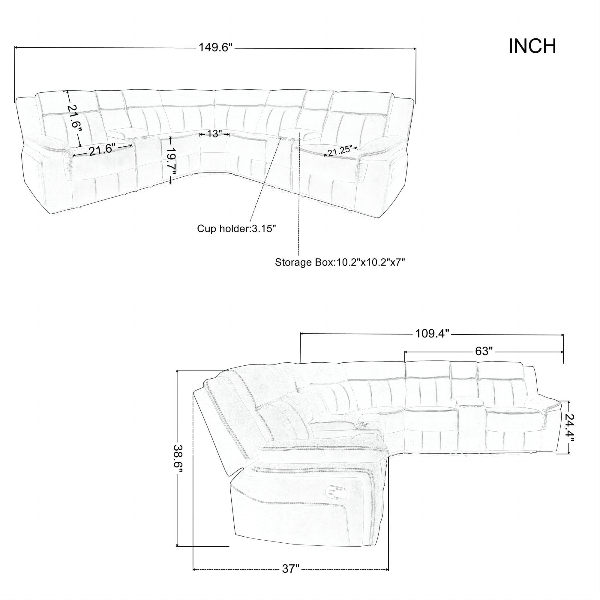 Aukfa Sectional Sofa Couch,109" Manual Recliner Sofa Chairs with Storage Console for Living Room,Gray