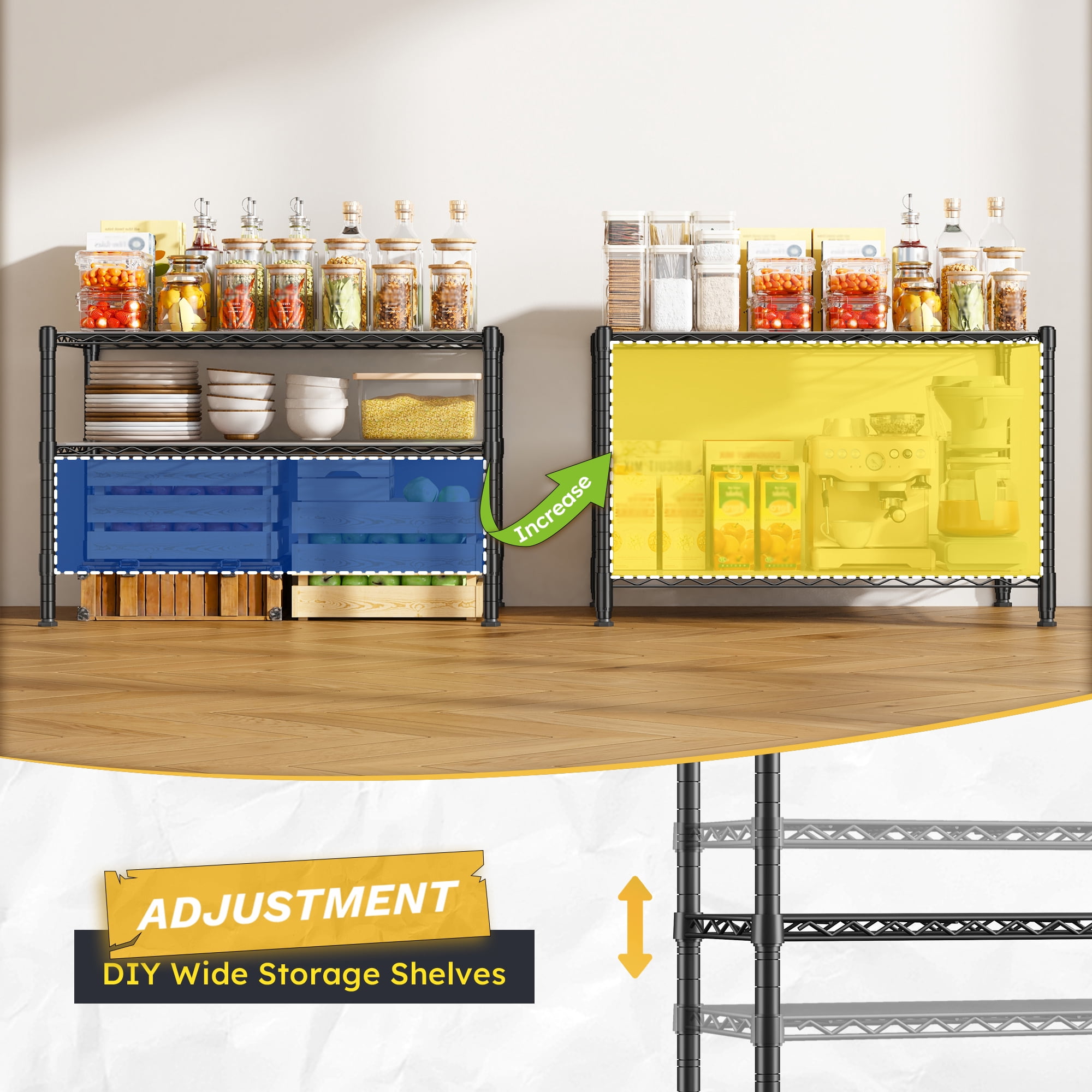REIBII 2 Tier Wire Shelving Unit with Wheels,Heavy Duty Kitchen Appliance Shelf,36"W x 18"D Metal Storage Shelves for Pantry Garage Laundry,300 lbs Per Shelf,Black