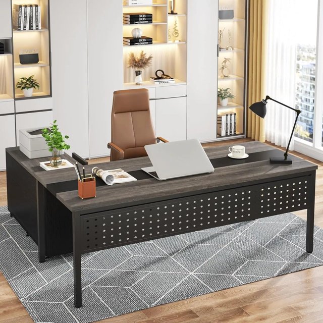 Large Executive Office Desk and 47" Lateral File Cabinet Combo,L-Shaped Desk 2 Piece Business Furniture with Drawers and Shelves My Lux Decor Round