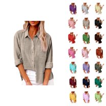 Fall Shirts for Women 2025 Solid Color Button Down Lapel Linen Shirt Business Casual Tops Long Sleeve Shirts for Women